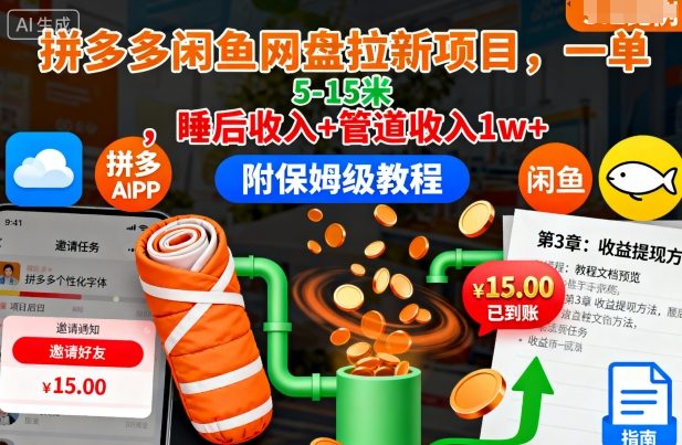 拼多多闲鱼网盘拉新项目,一单5-15米,睡后收入+管道收入1w+(附保姆级教程)-青禾学社