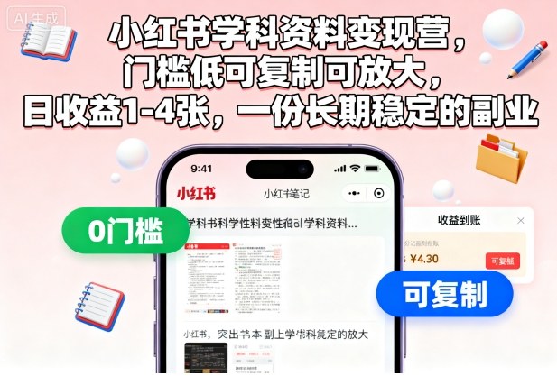小红书学科资料变现营,门槛低可复制可放大,日收益1-4张,一份长期稳定的副业-青禾学社