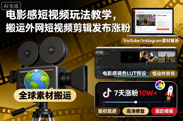 电影感短视频玩法教学,搬运外网短视频剪辑发布涨粉-青禾学社