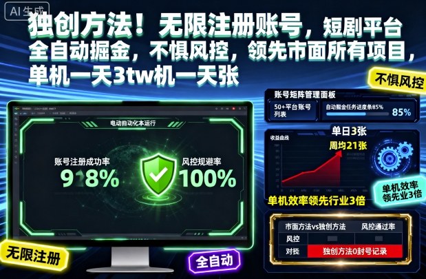 独创方法!无限注册账号,短剧平台全自动掘金,不惧风控,领先市面所有项目,单机一天3张【揭秘】-青禾学社