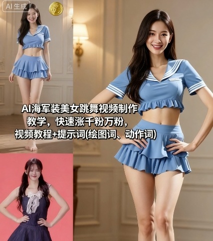AI海军装美女跳舞视频制作教学,快速涨千粉万粉,视频教程+提示词(绘图词、动作词)-青禾学社