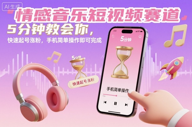 情感音乐短视频赛道,5分钟教会你,快速起号涨粉,手机简单操作即可完成-青禾学社