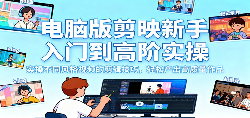 电脑版剪映新手入门到高阶实操，实操不同风格视频的剪辑技巧，轻松产出高质量作品-青禾学社