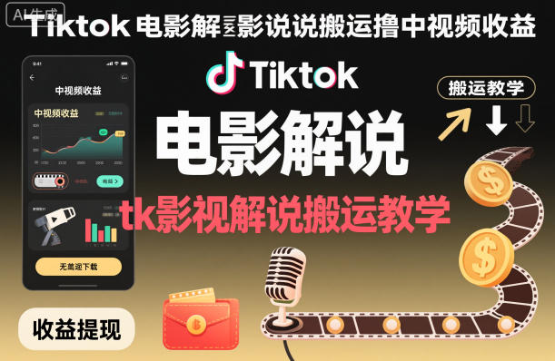 Tiktok电影解说搬运撸中视频收益，tk影视解说搬运教学-青禾学社