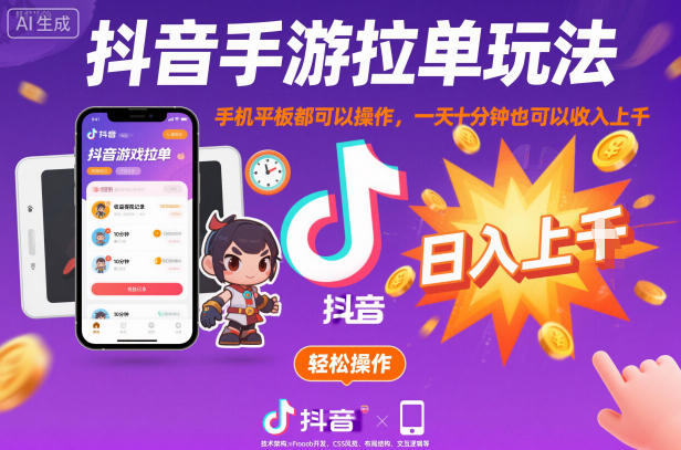 抖音手游拉单玩法，手机平板都可以操作，一天十分钟也可以收入上K【揭秘】-青禾学社