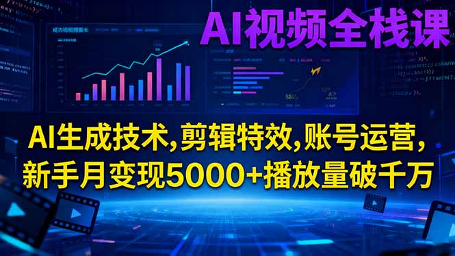 AI视频全栈课:AI生成技术,剪辑特效,账号运营,新手月变现5000+播放量破千万-青禾学社