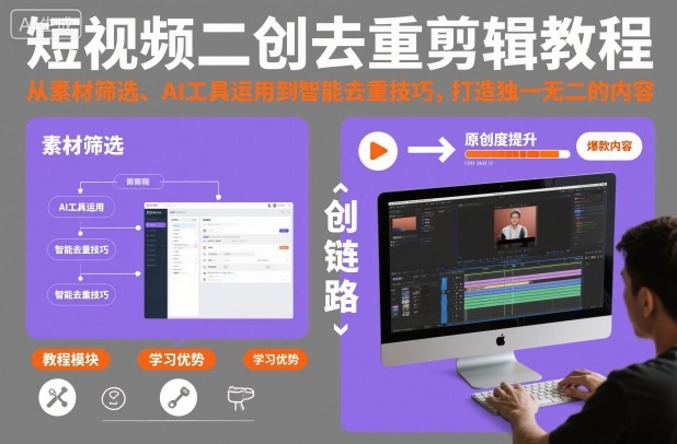 短视频二创去重剪辑教程,从素材筛选、AI工具运用到智能去重技巧,打造独一无二的内容-青禾学社