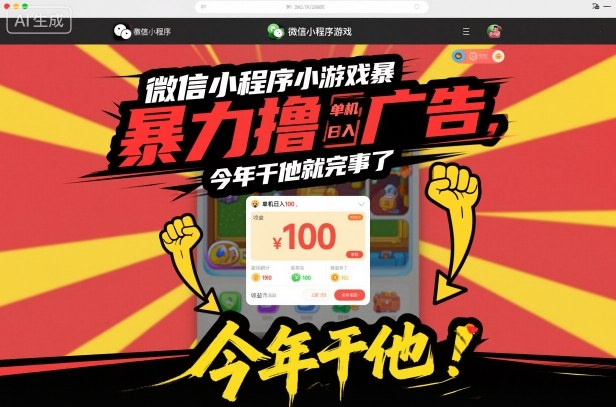 微信小程序小游戏暴力撸广告,单机日入100,今年干他就完事了-青禾学社