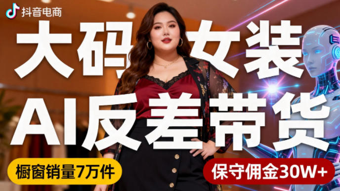 抖音小众赛道,大码女装AI反差带货,不用直播,每天6条作品,橱窗卖7万件,保守佣金30W+-青禾学社