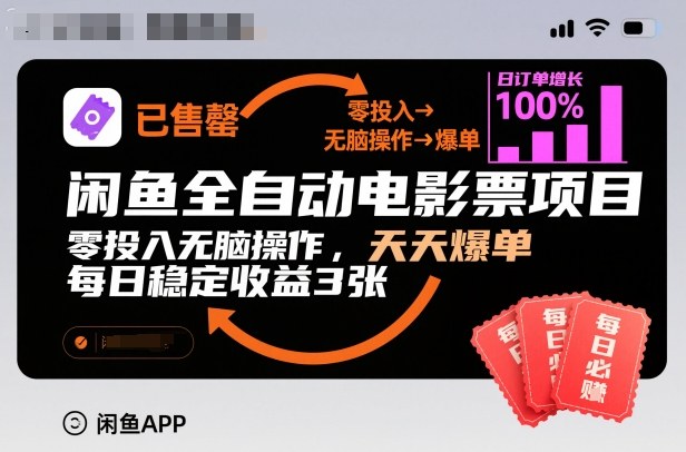 闲鱼全自动电影票项目,零投入无脑操作,天天爆单,每日稳定收益3张【揭秘】-青禾学社
