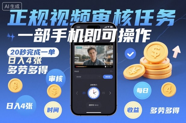 正规视频审核任务，一部手机即可操作，20秒完成一单，日入4张，多劳多得【揭秘】-青禾学社