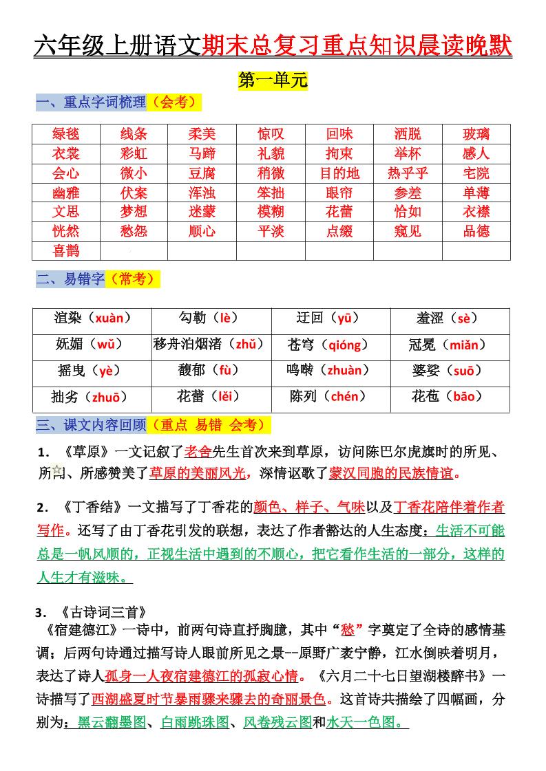 六上语文复习重点晨读单(16页)-青禾学社
