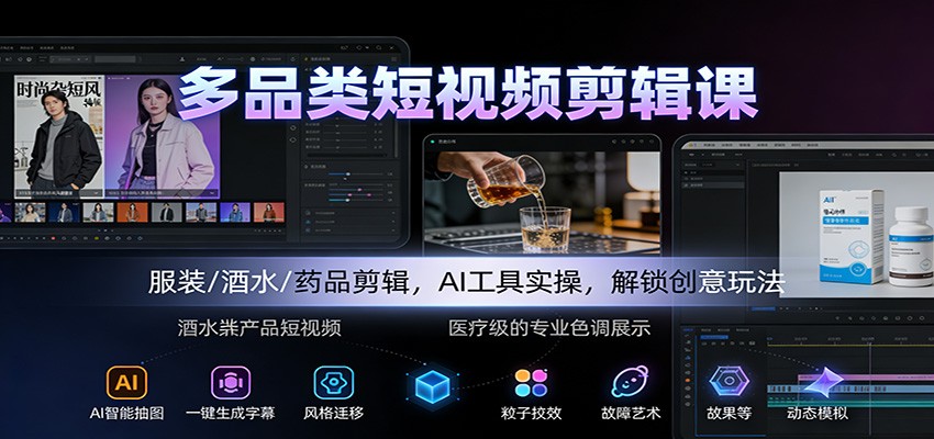 多品类短视频剪辑课：服装/酒水/药品剪辑，AI工具实操，解锁创意玩法-青禾学社