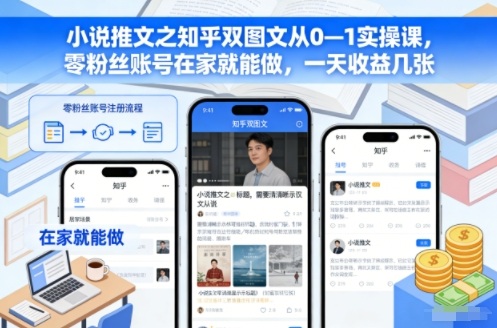小说推文之知乎双图文从0—1实操课,零粉丝账号在家就能做,一天收益几张-青禾学社