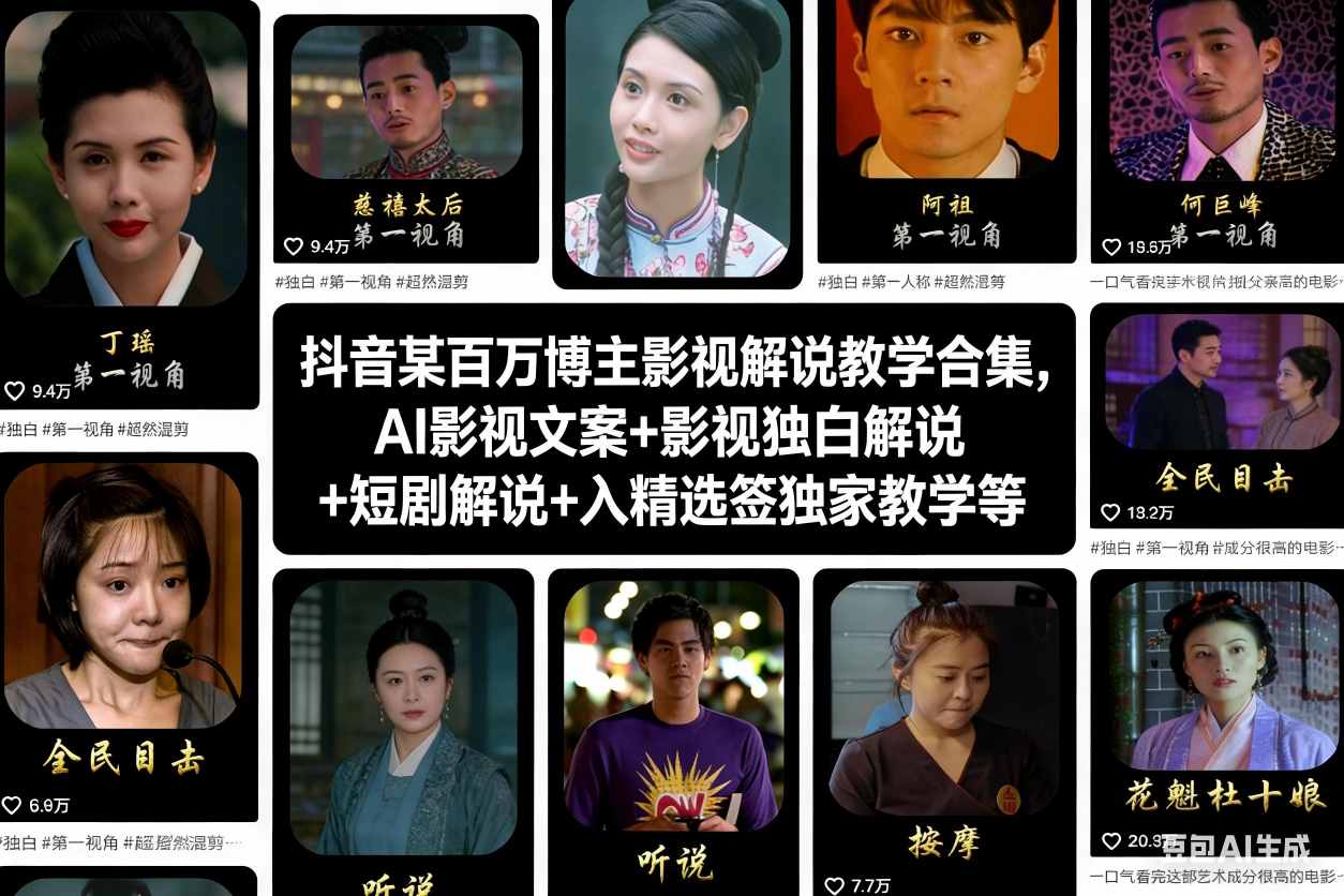抖音某百万博主影视解说教学合集，AI影视文案+影视独白解说+短剧解说+入精选签独家教学等-青禾学社