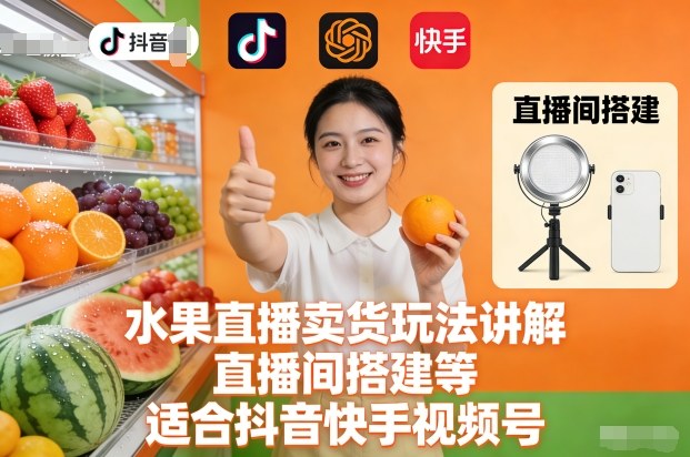水果直播卖货玩法讲解、直播间搭建等，适合抖音快手视频号-青禾学社