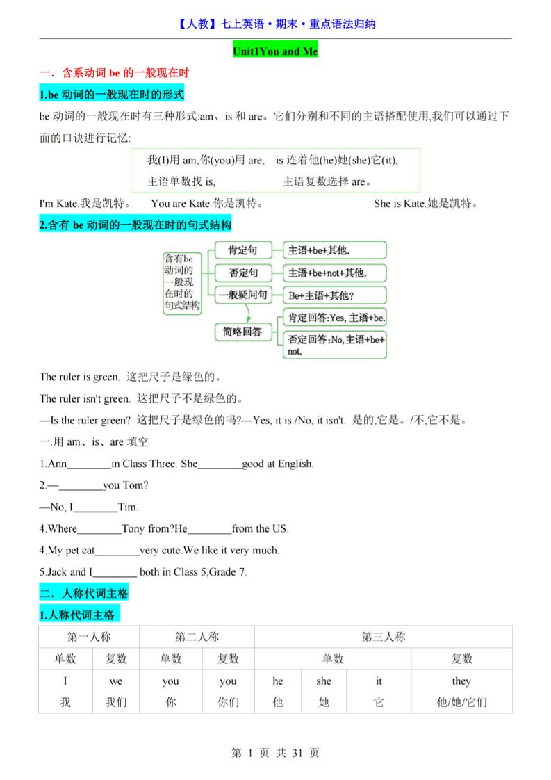 七年级上英语期末重点语法归纳（人教版）-青禾学社