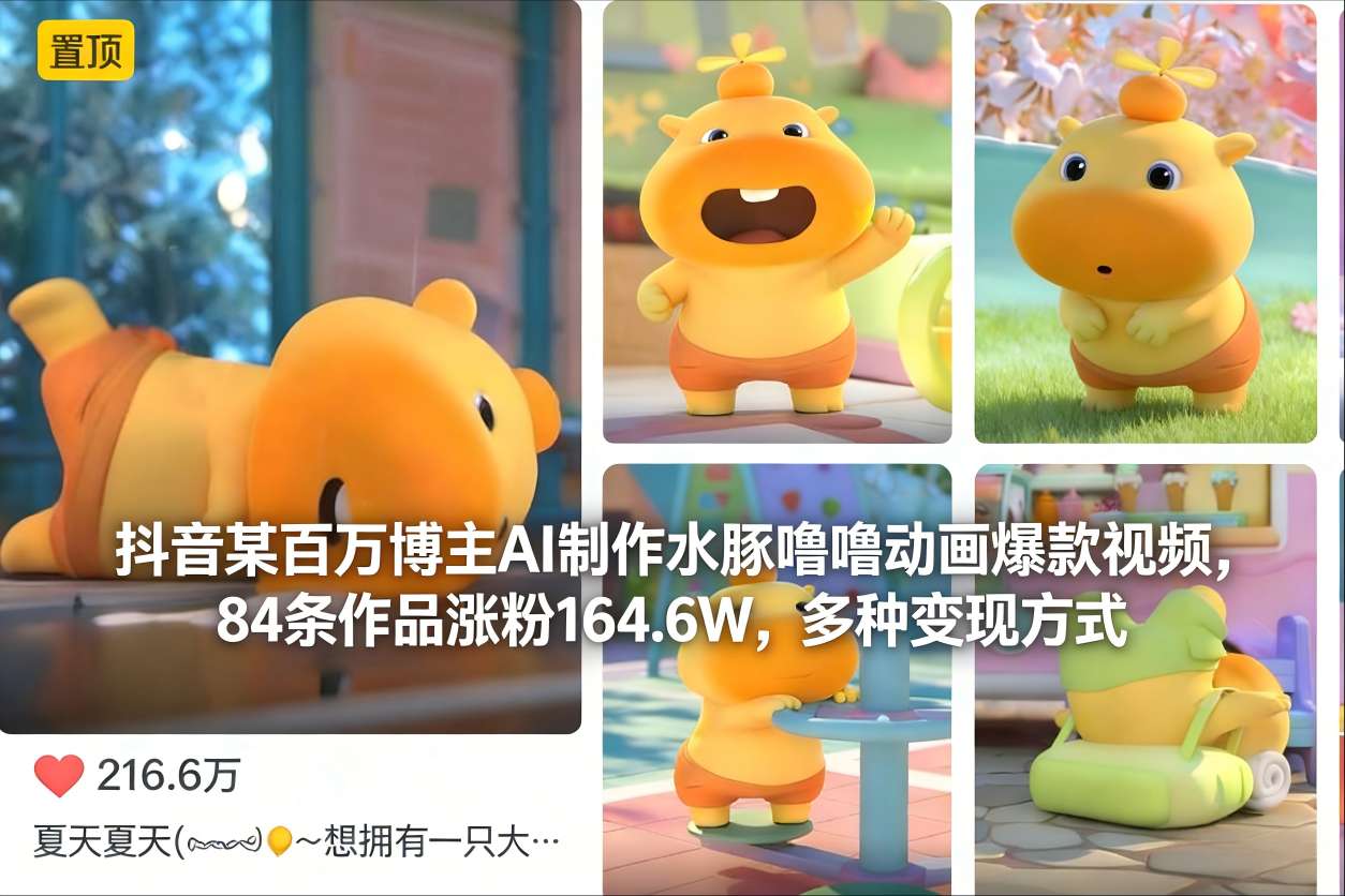 抖音某百万博主AI制作水豚噜噜动画爆款视频，84条作品涨粉164.6W，多种变现方式-青禾学社