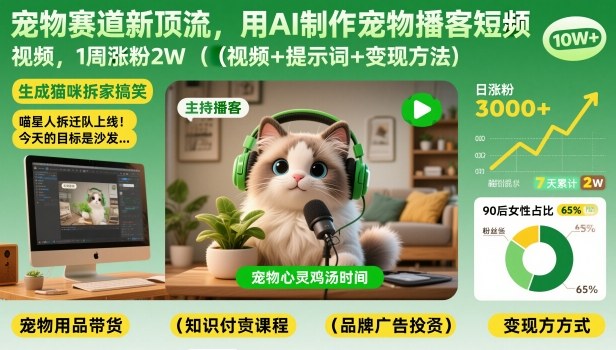 宠物赛道新顶流，用AI制作宠物播客短视频，1周涨粉2W(视频+提示词+变现方法)-青禾学社