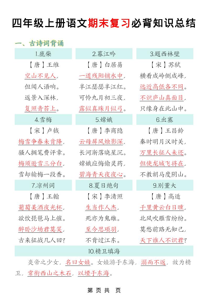 四年级上语文期末复习必背知识总结-青禾学社