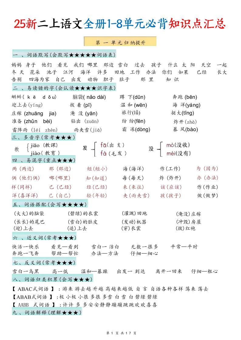 25新二年级上语文1-8单元必背知识点汇总-青禾学社