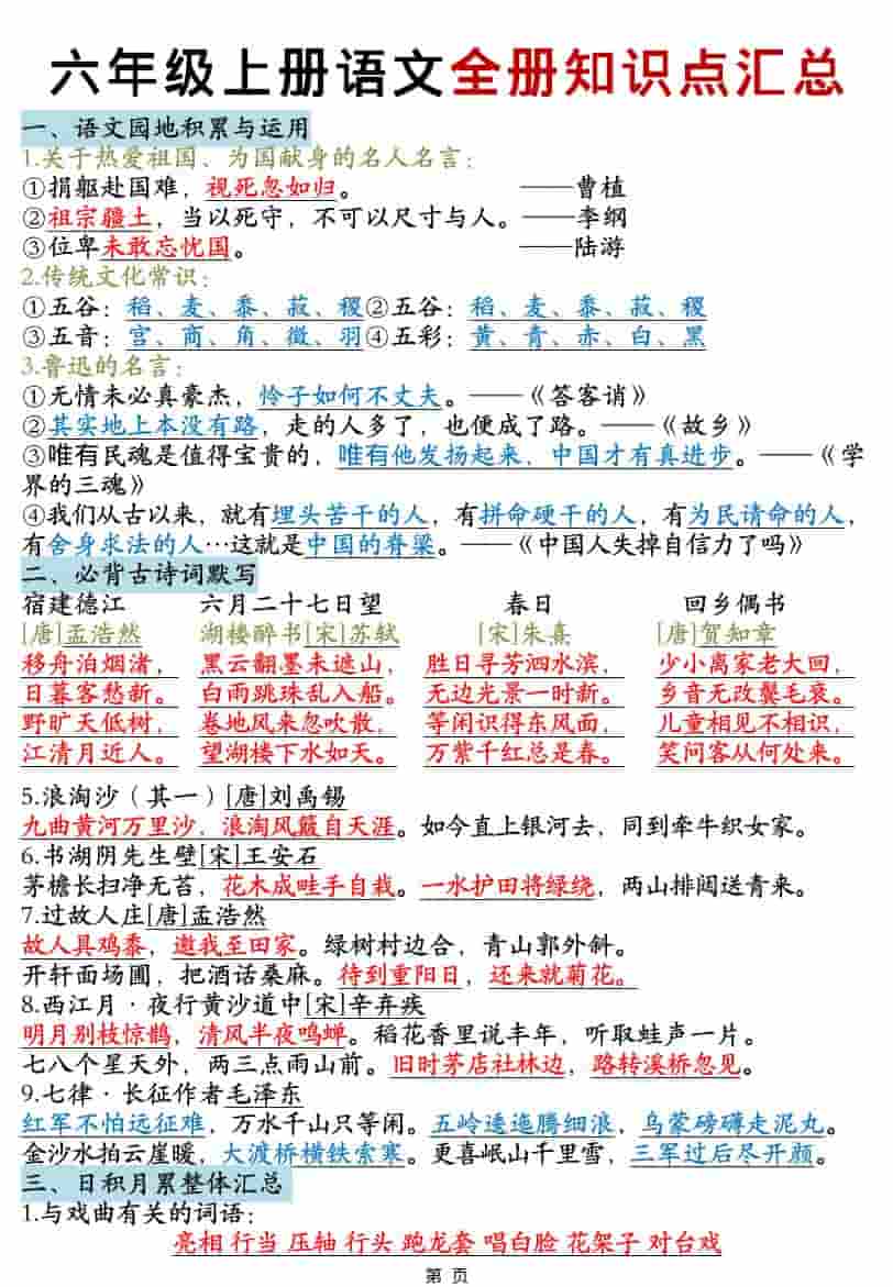 六年级上语文全册知识点汇总-青禾学社