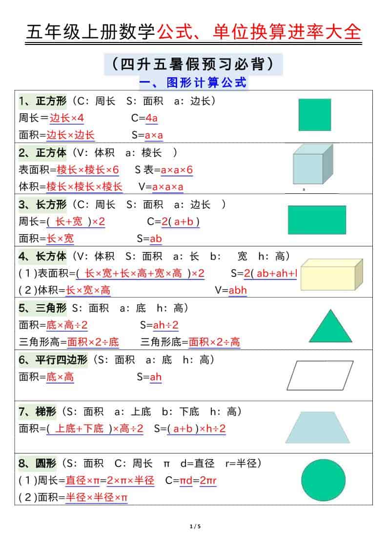 五年级上数学公式、单位换算进率大全-青禾学社