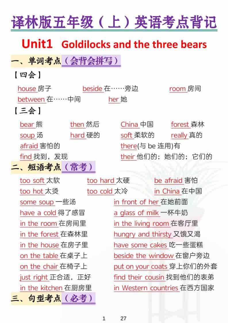 五年级上英语考点背记《译林版》-青禾学社