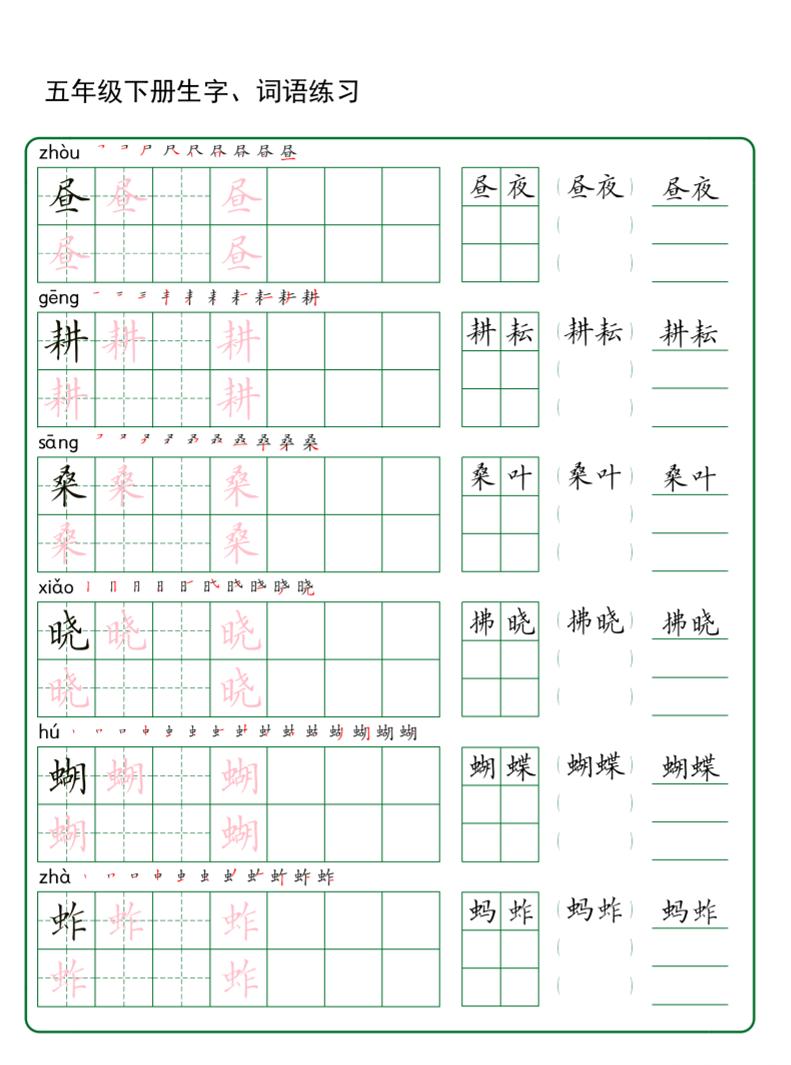 五年级下册语文生字词语练字（秋版）-青禾学社