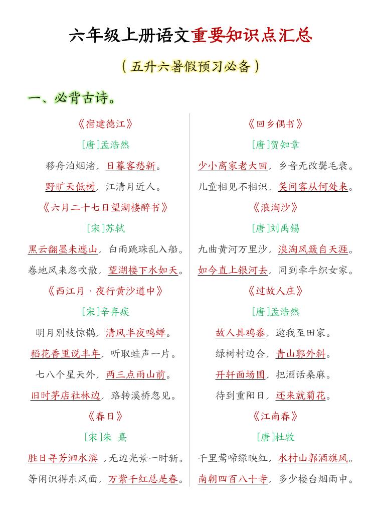 六年级上语文重要知识点汇总-青禾学社