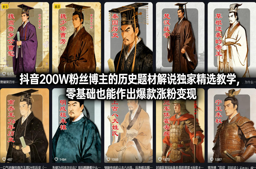 抖音200W粉丝博主的历史题材解说独家精选教学，零基础也能作出爆款涨粉变现-青禾学社