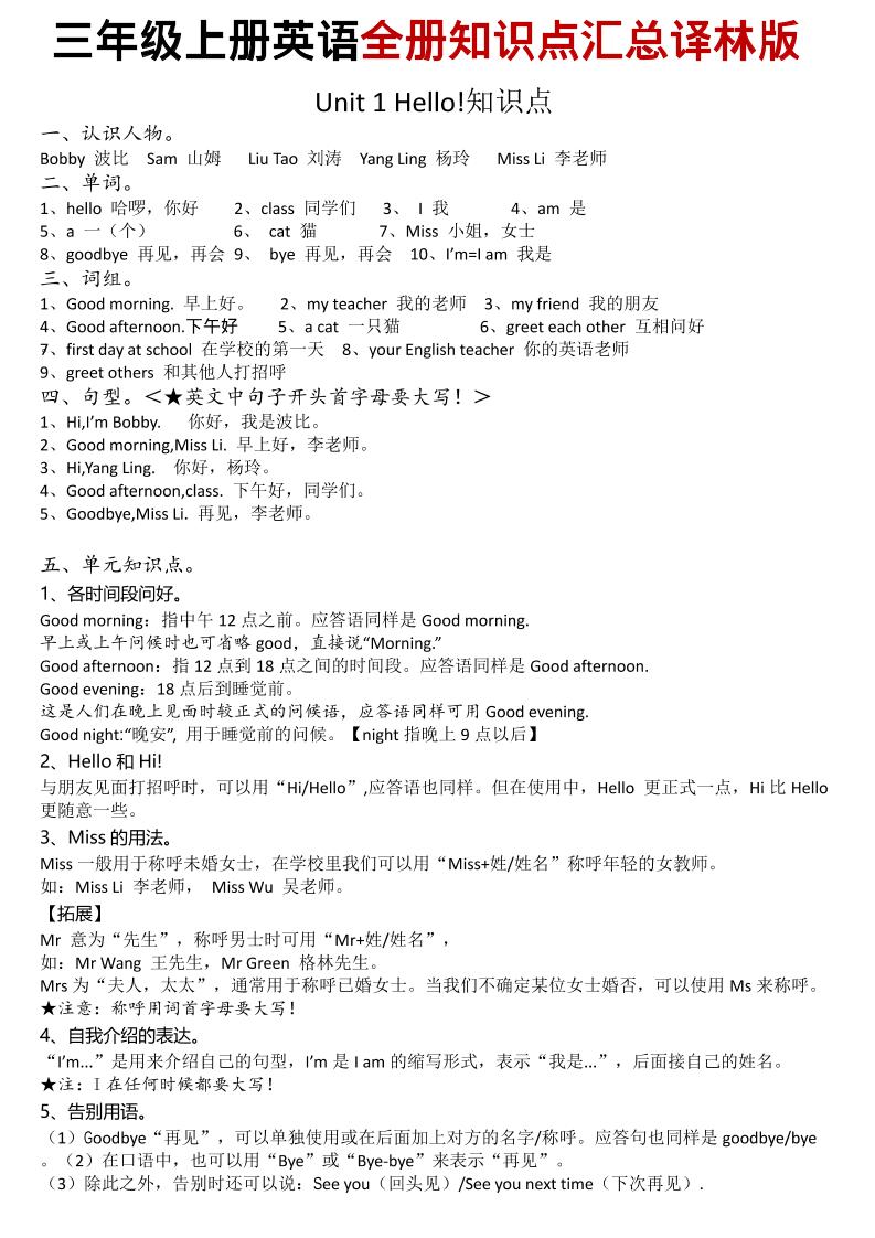 三年级上英语知识点汇总《译林版》-青禾学社