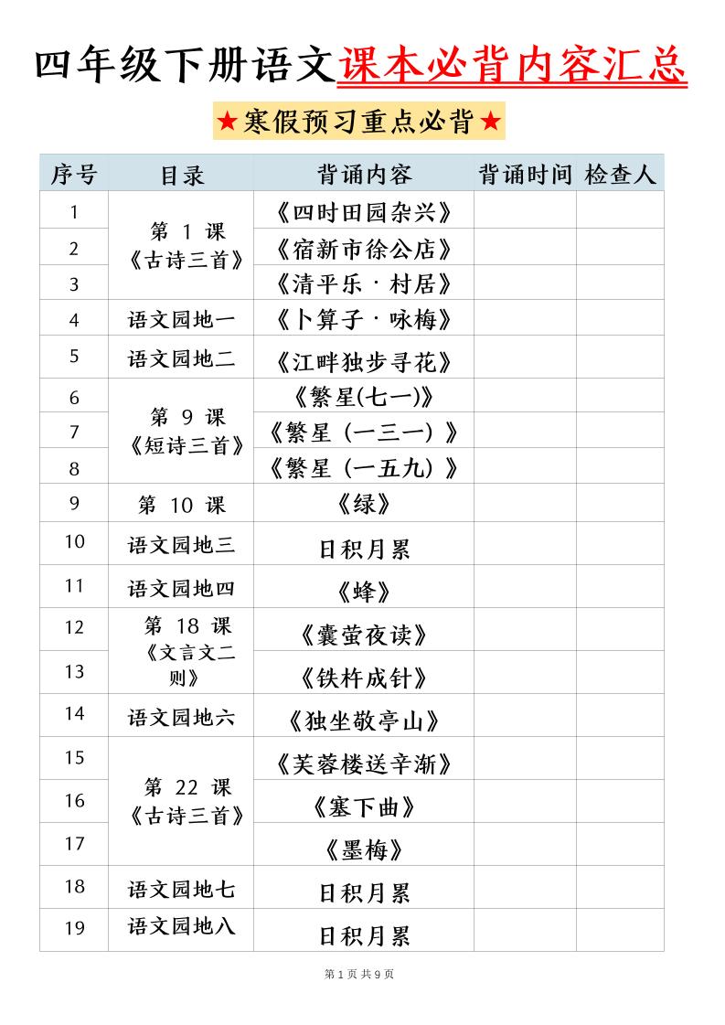 四下语文寒假预习课本必背内容汇总（9页）-青禾学社