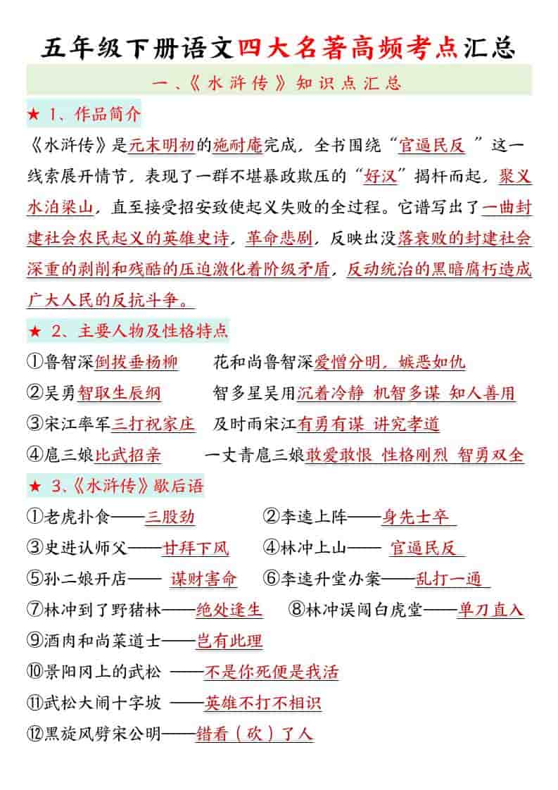 五年级下语文四大名著高频考点-青禾学社