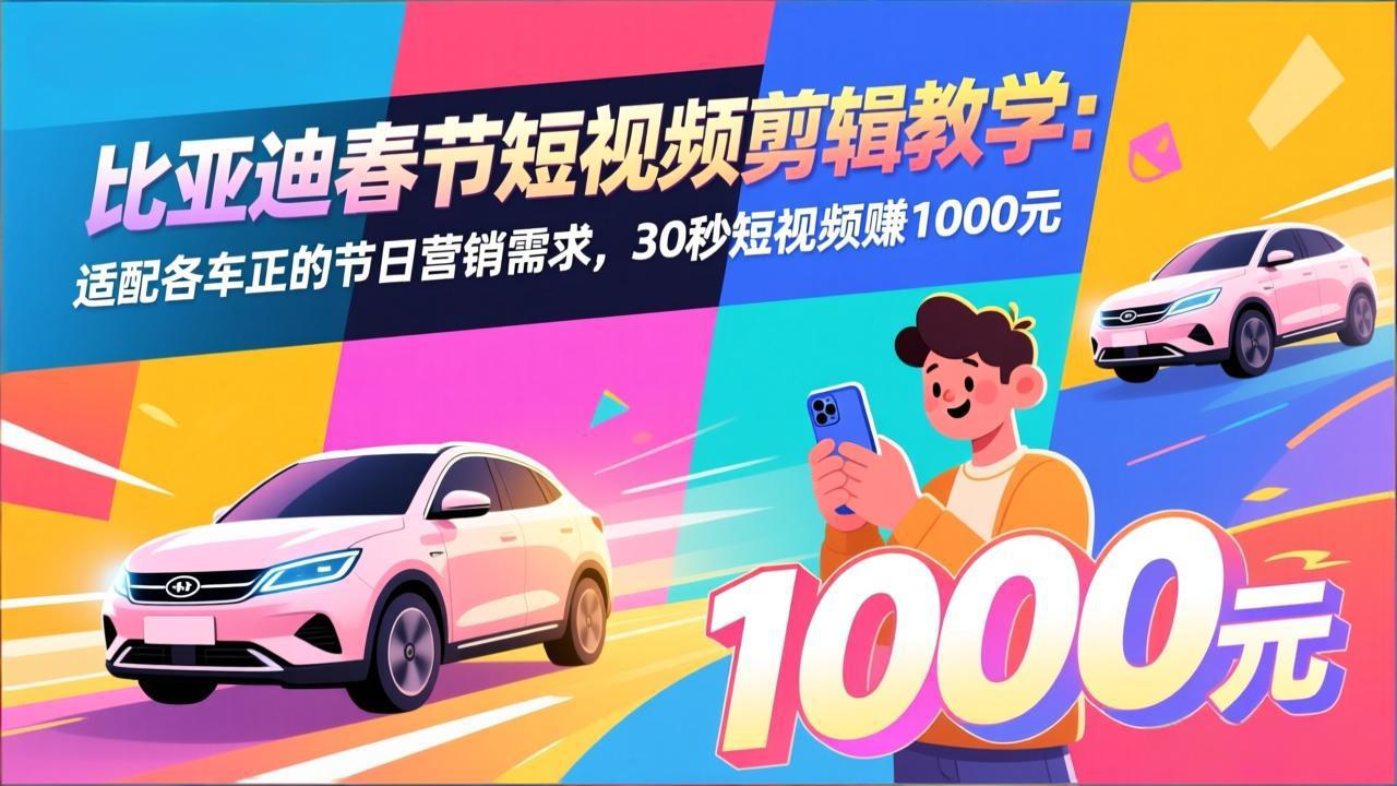 比亚迪春节短视频剪辑教学：适配各车企的节日营销需求，30秒短视频赚1000元-青禾学社