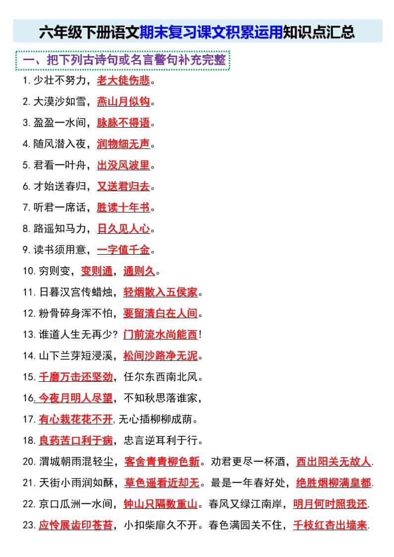 六年级下语文期末复习课文积累运用知识点汇总-青禾学社