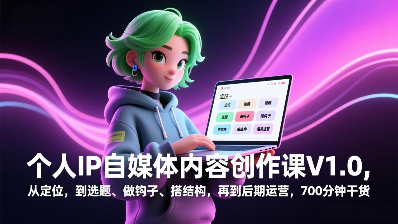 个人IP自媒体内容创作课V1.0，从定位，到选题、做钩子、搭结构，再到后期运营，700分钟干货-青禾学社