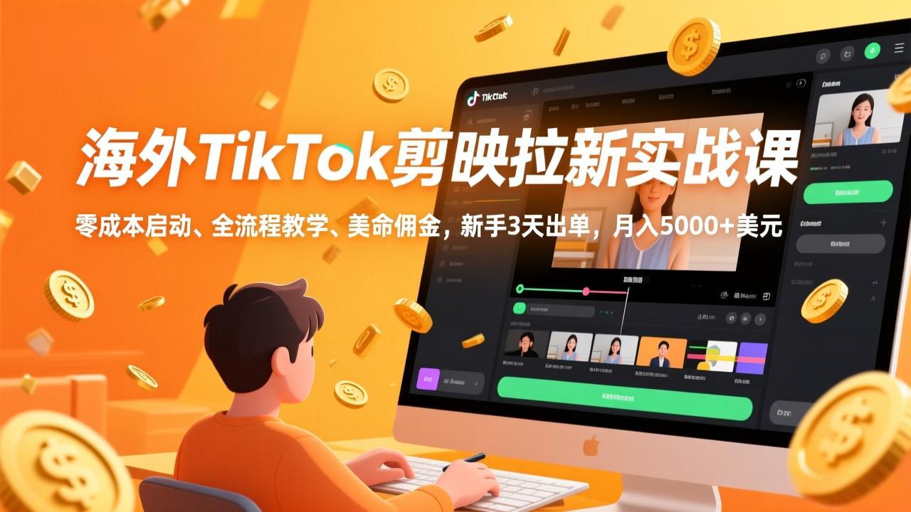海外TikTok剪映拉新实战课，零成本启动、全流程教学、美金佣金，新手3天出单，月入5000+美元-青禾学社