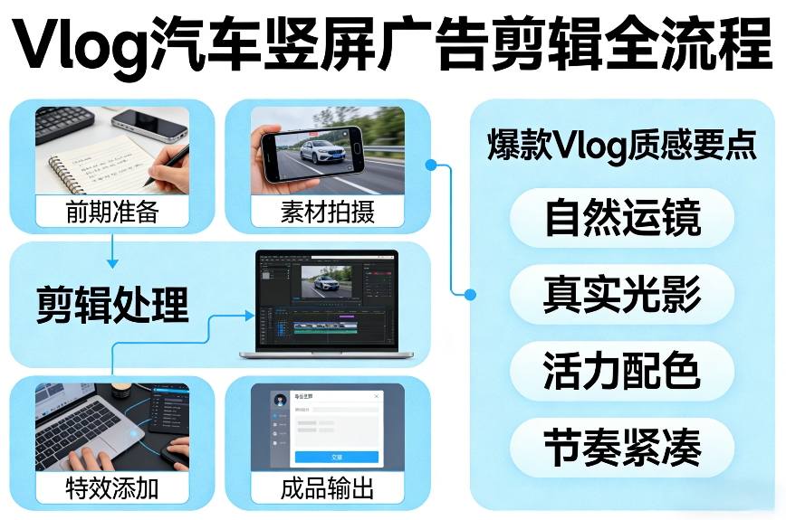 Vlog感觉汽车竖屏广告剪辑脚本全流程，拿捏爆款Vlog质感-青禾学社