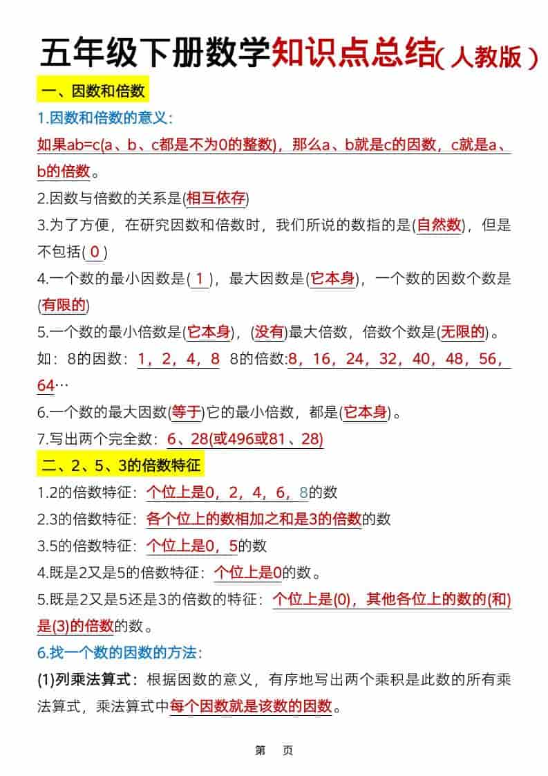 五年级下数学知识点总结《人教版》-青禾学社