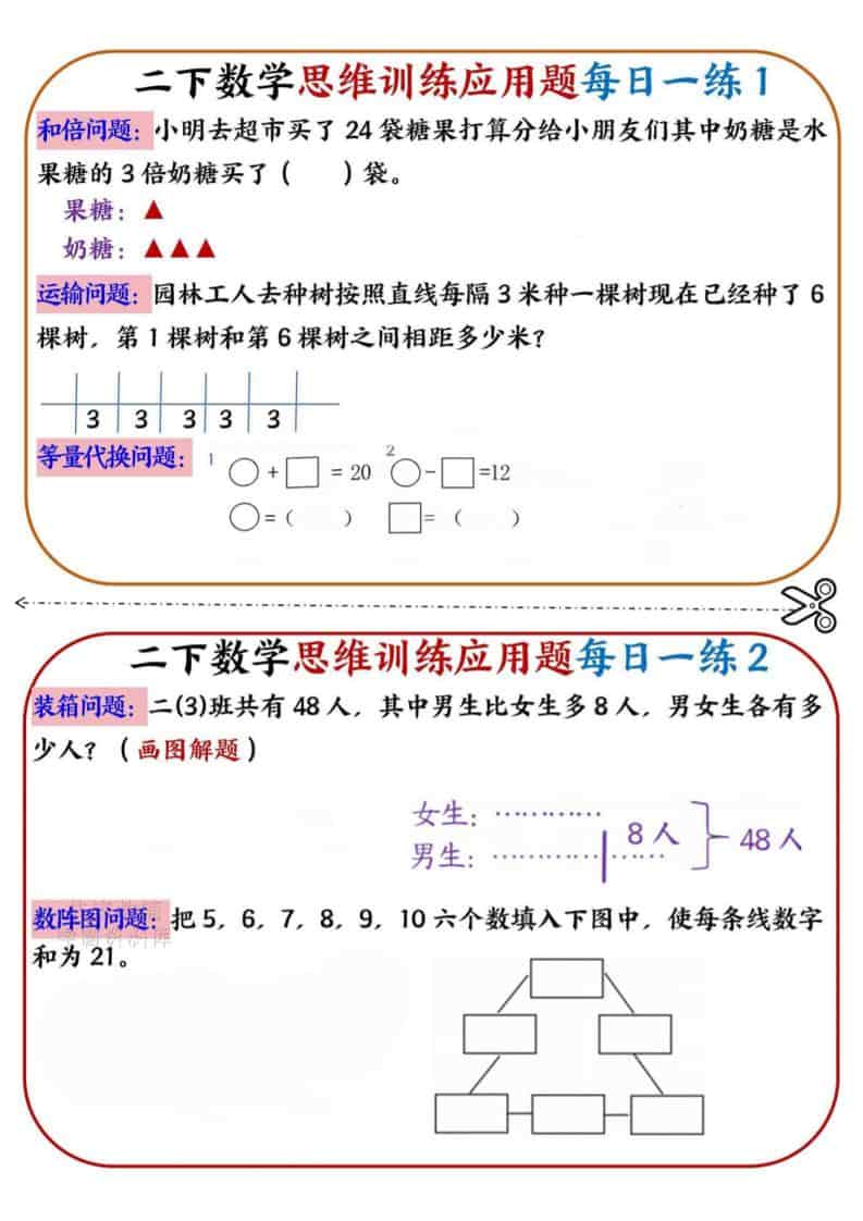 二年级下数学思维训练应用题每日一练小纸条-青禾学社