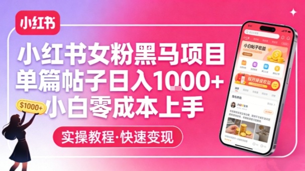 小红书女粉黑马项目，单篇帖子日入1k+，小白零成本上手-青禾学社