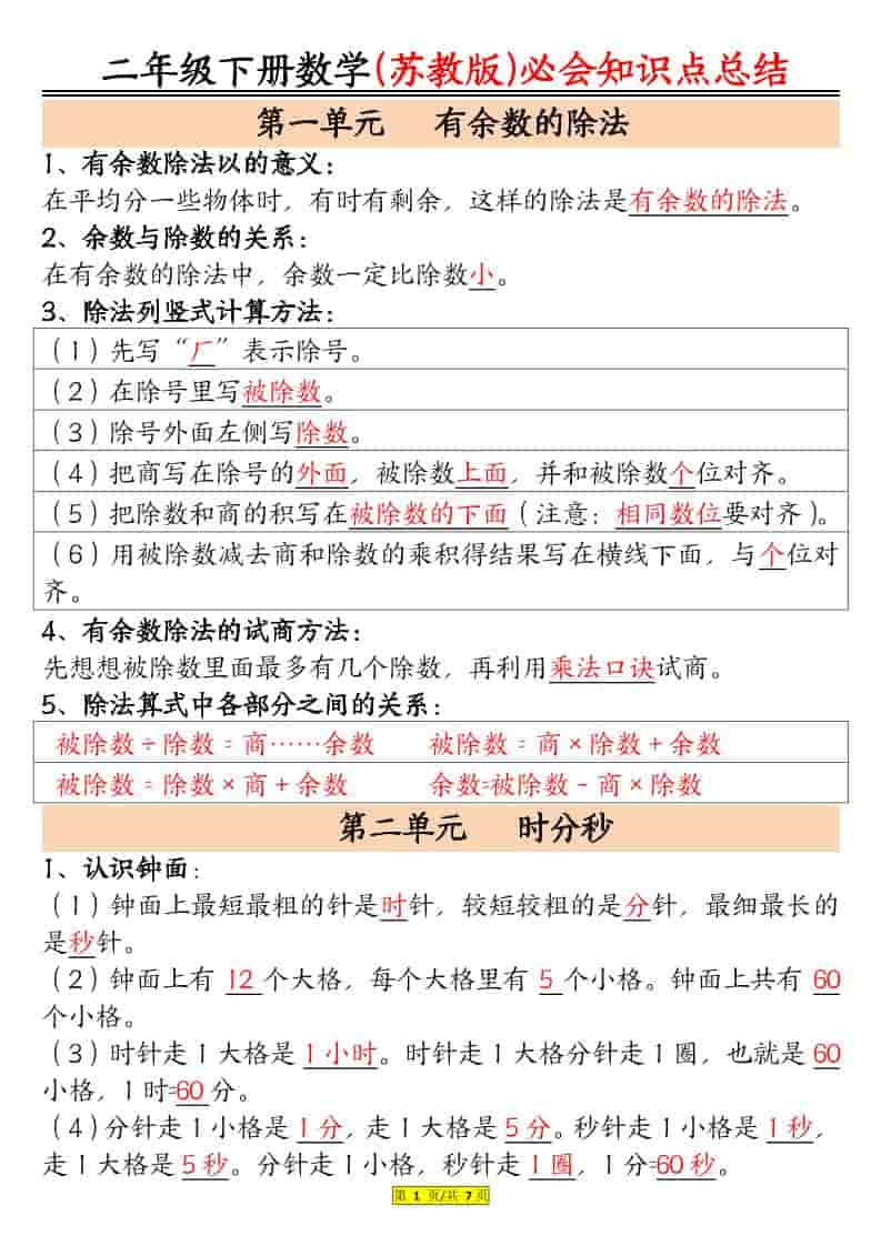 二年级下数学必会知识汇总《苏教版》-青禾学社
