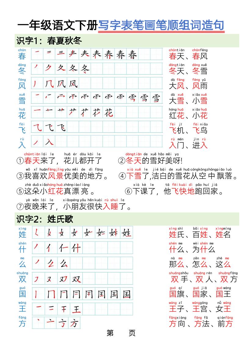 一年级下语文写字表笔画笔顺组词造句-青禾学社