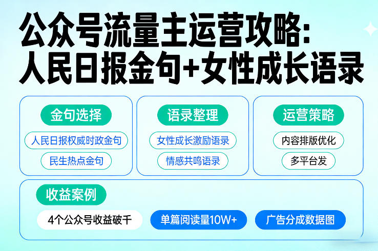 利用人民日报金句+女性成长语录做公众号流量主，4个公众号收益破千-青禾学社
