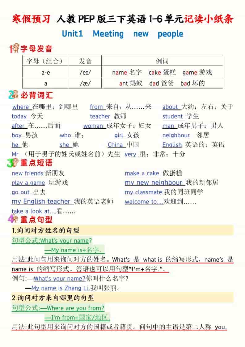 三年级下英语寒假预习1-6单元记读小纸条《人教版PEP》-青禾学社