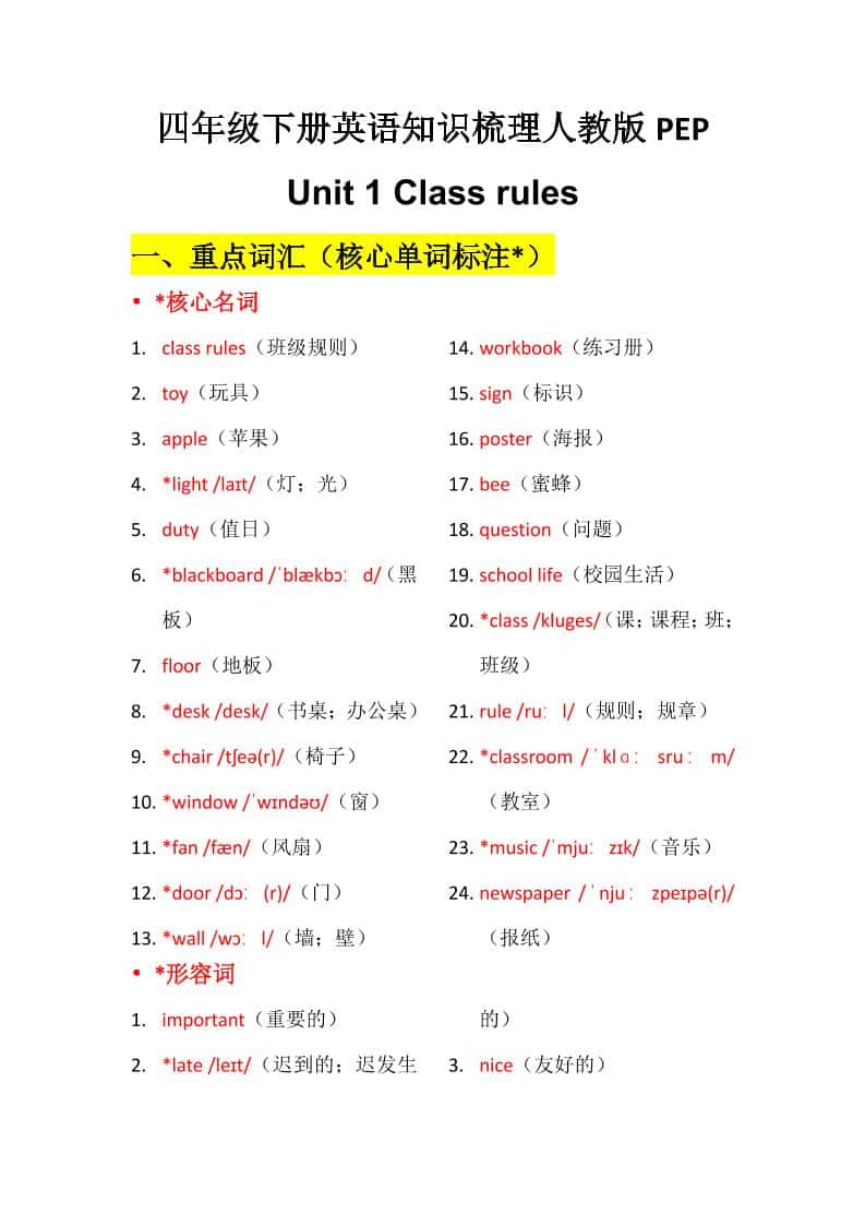 四年级下英语Unit1知识梳理+默写单《人教版PEP》-青禾学社