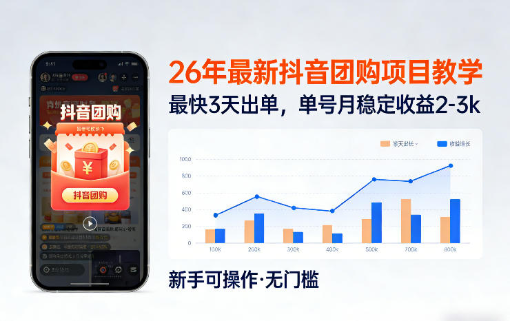 26年最新抖音团购项目教学，0门槛，最快3天出单，单号月稳定收益2-3k(更新3月11日)-青禾学社