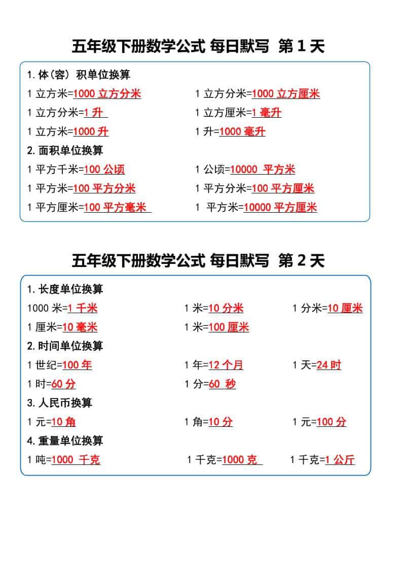 五年级下数学数学公式每日默写小纸条-青禾学社