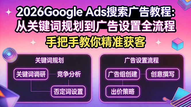 2026Google Ads搜索广告教程：从关键词规划到广告设置全流程，手把手教你精准获客-青禾学社